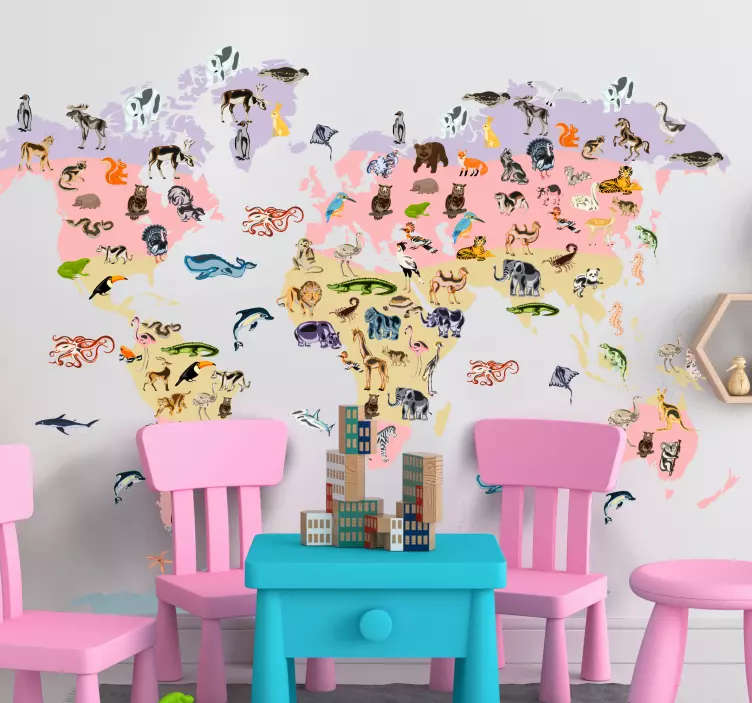Vinilo mapamundi motivo animal pastel - TenVinilo