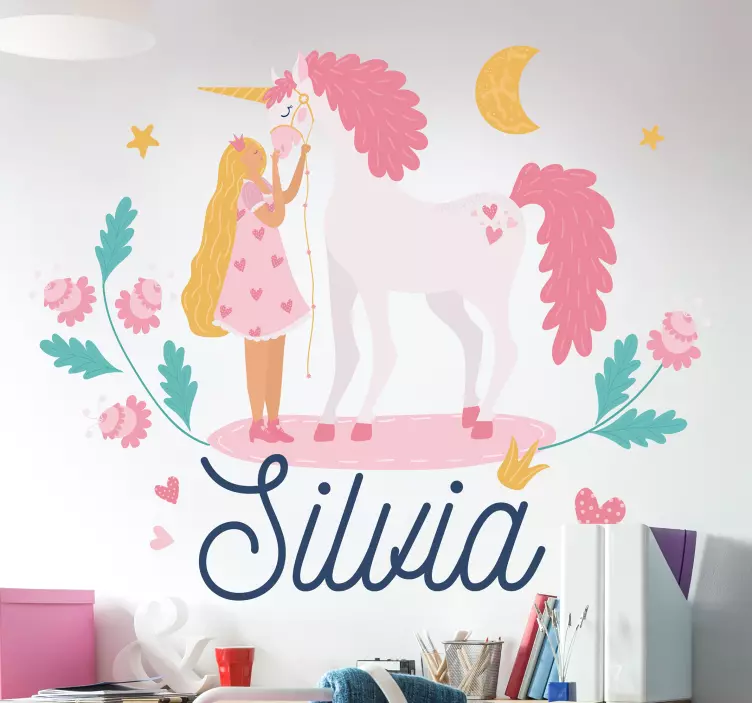 Vinilo infantil de unicornios con niña y nombre - TenVinilo