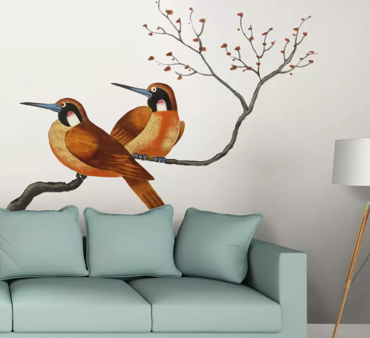 Vinilo flores Pintura china pájaros y flores - TenVinilo