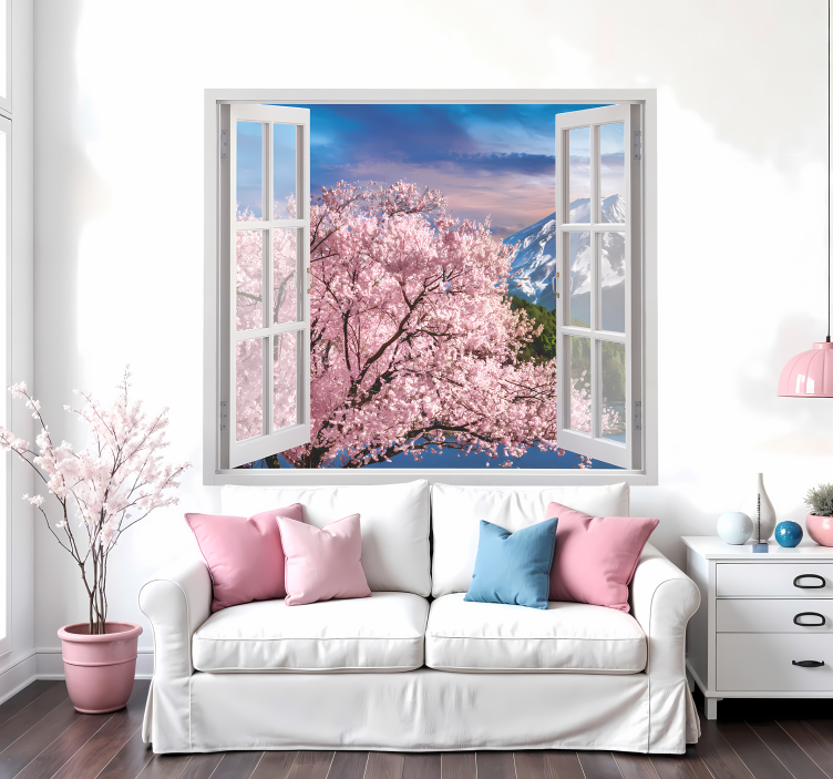 Vinilo flores Vistas 3d a un árbol rosa de primavera - TenVinilo