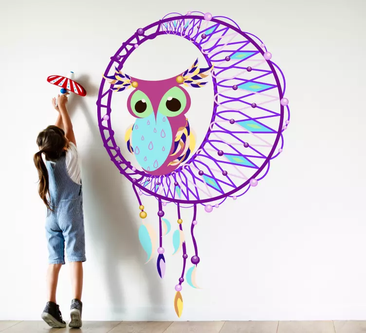 Vinilo pájaro Búho rosa y azul y atrapasueños - TenVinilo