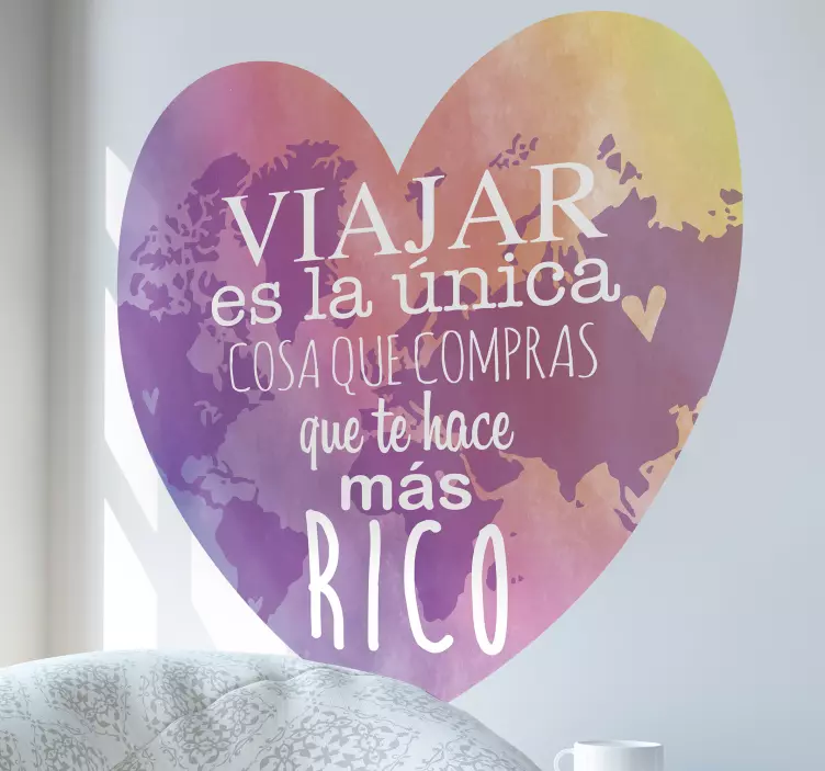 Vinilo viajes corazón frase viajar te hace rico - TenVinilo