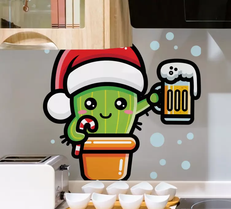 Vinilo cocina Cactus con diseño navideño de cerveza - TenVinilo