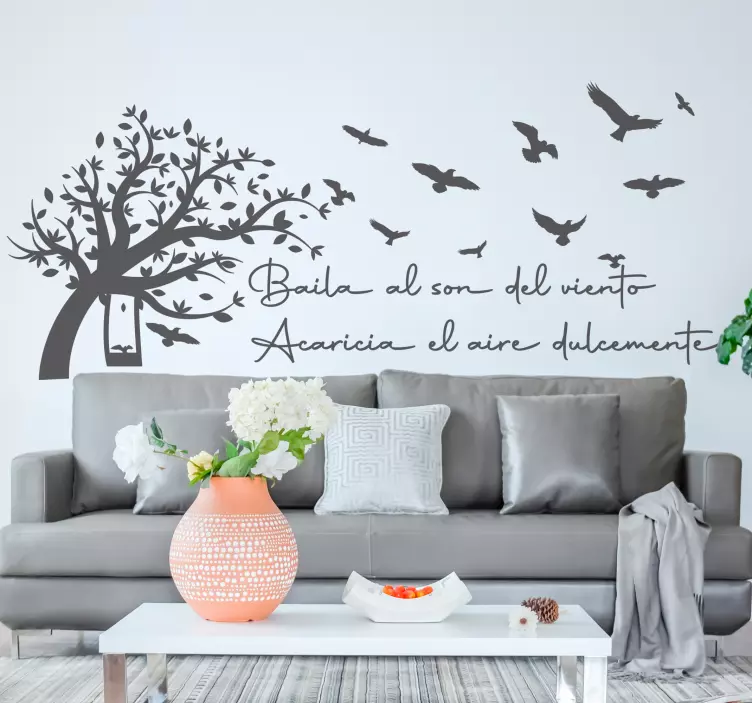 Vinilo pared pájaro frase baila con el viento - TenVinilo