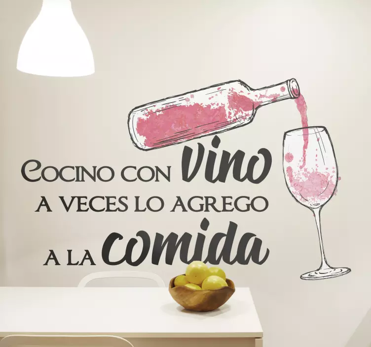 Vinilo pared frase cocino con vino y lo bebo - TenVinilo