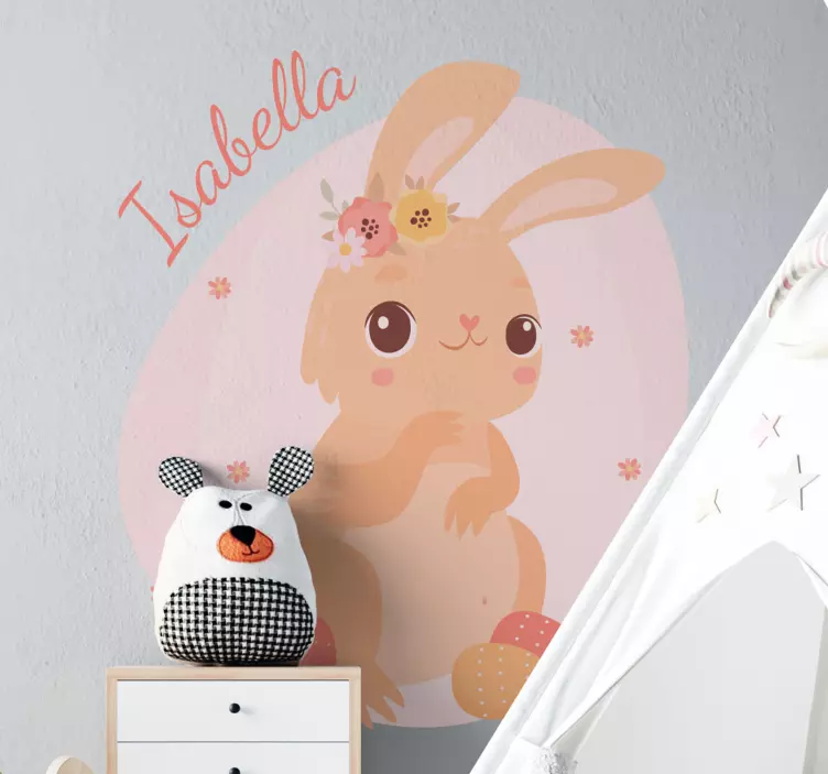 Vinilo bebé conejito con flores y nombre - TenVinilo