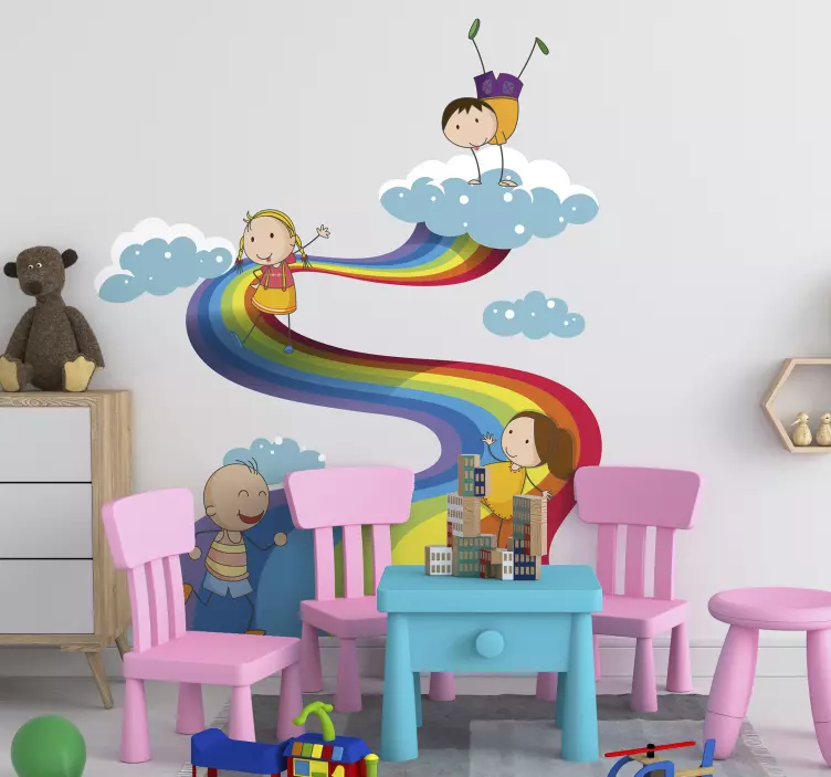 Vinilo infantil ilustración niños en arcoiris - TenVinilo