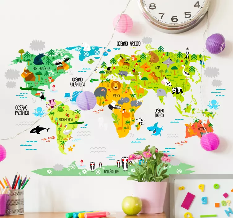 Vinilo infantil mapamundi animal - TenVinilo