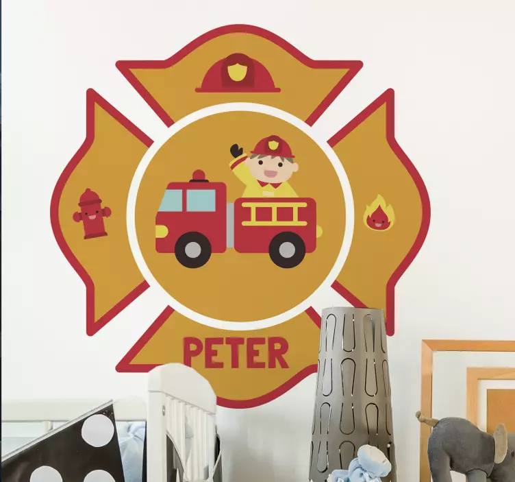 Vinilo infantil con nombre personalizable de bombero - TenVinilo