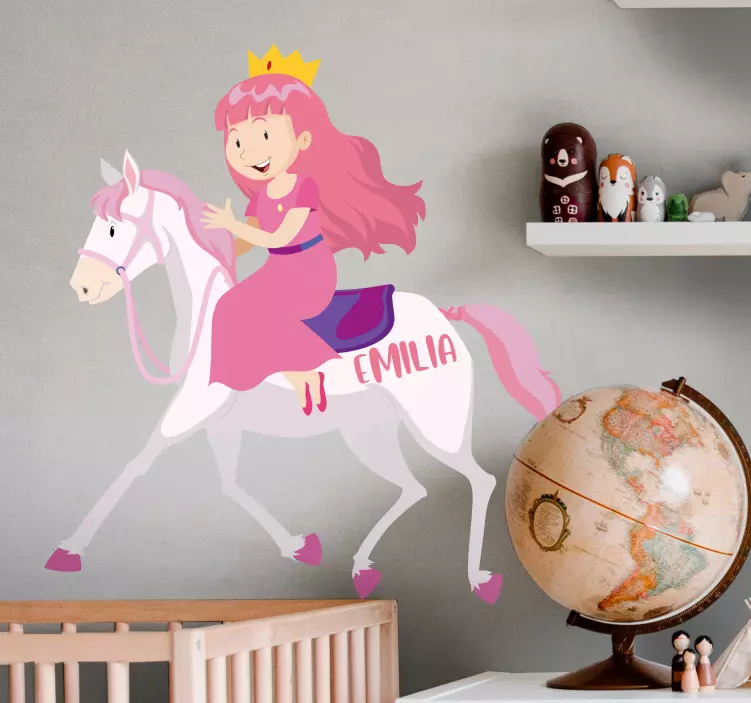 Vinilo infantil princesa montando unicornio con nombre - TenVinilo