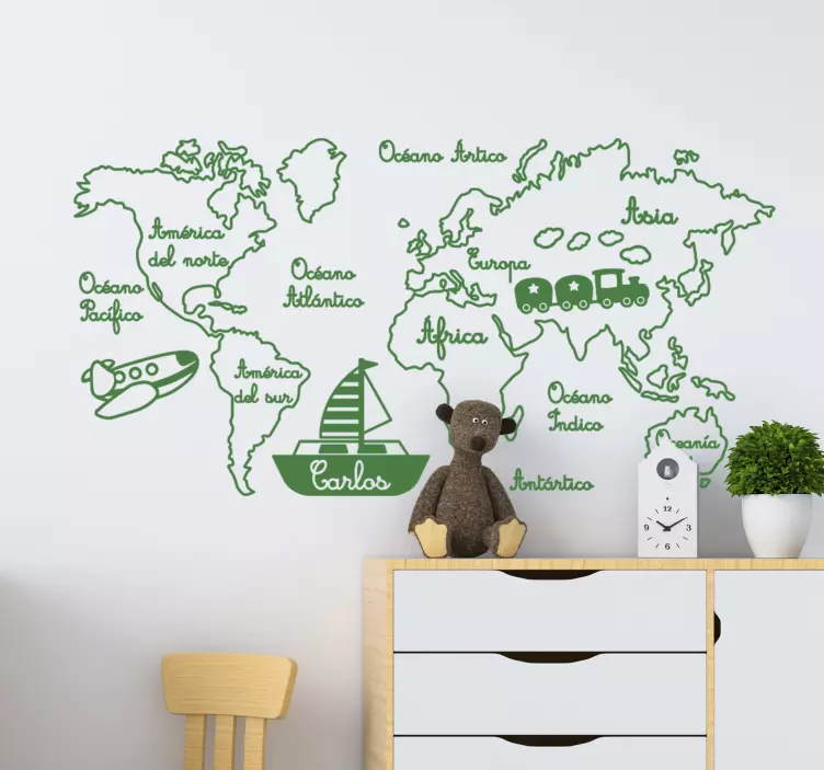Vinilo mapamundi con barca y nombre - TenVinilo