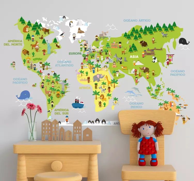 Vinilo mapamundi infantil tribus del mundo - TenVinilo