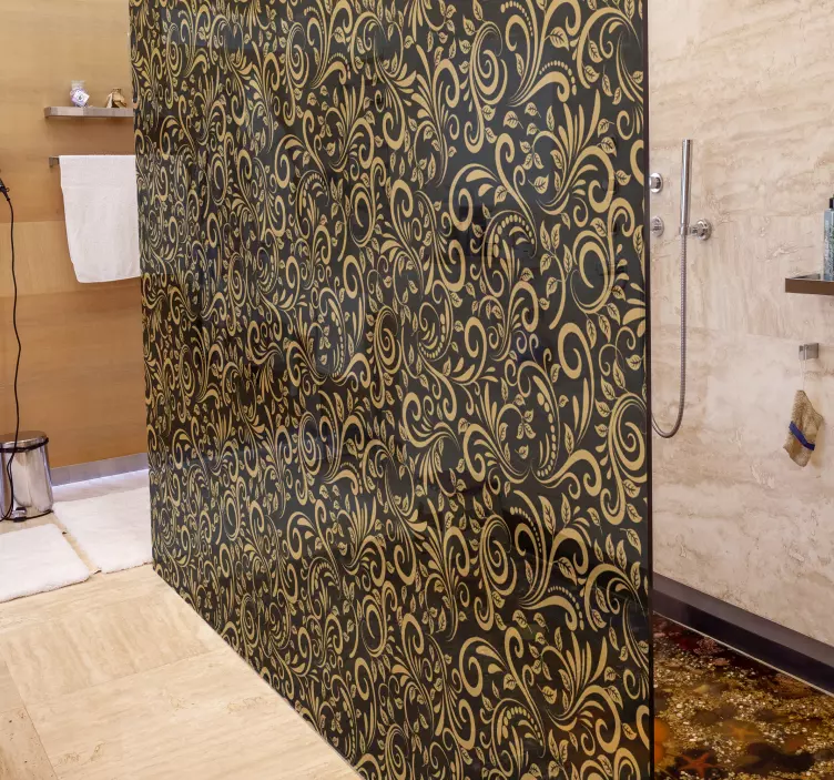 Vinilo mampara ducha Hojas doradas sobre un grafito - TenVinilo