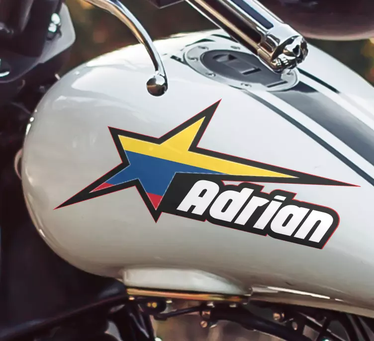 Pegatina para moto Bandera colombiana en estrella y nombre person - TenVinilo