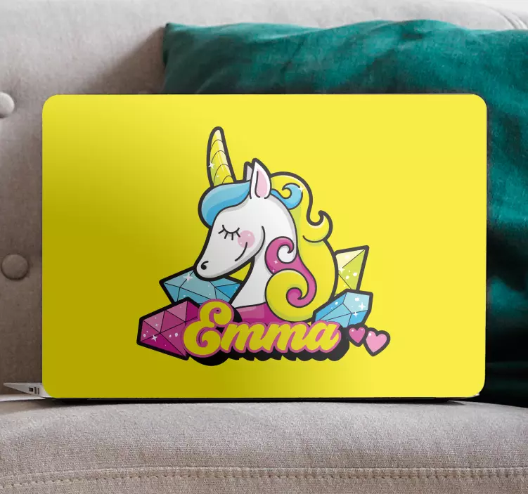 Vinilo para portátil unicornio personalizado con gemas - TenVinilo