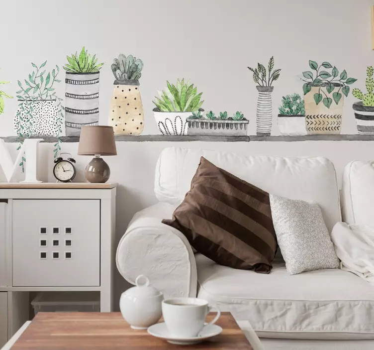 Vinilo decorativo salón estantería plantas - TenVinilo
