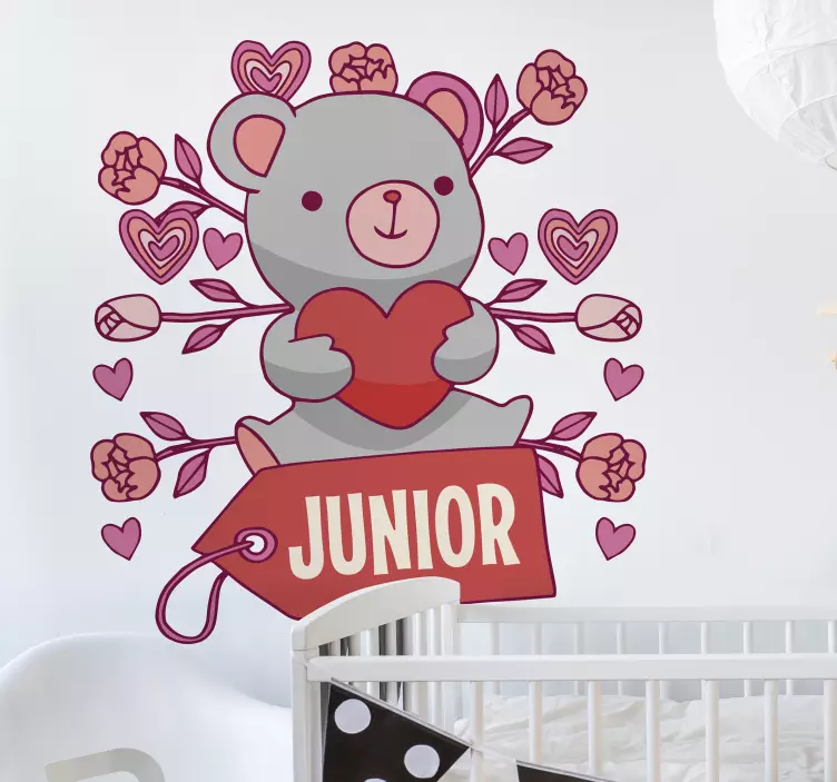 Vinilo infantil con nombre oso peluche y rosas - TenVinilo