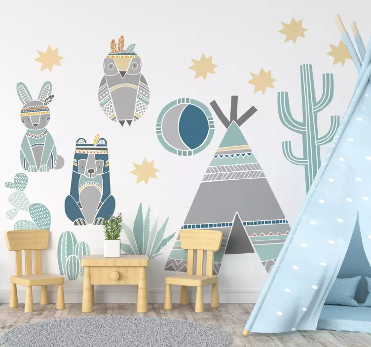 Vinilo pared tipi y animales indios - TenVinilo