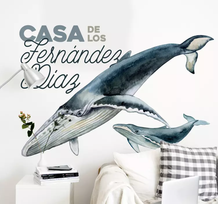 Vinilo animales con apellido familiar y ballena - TenVinilo