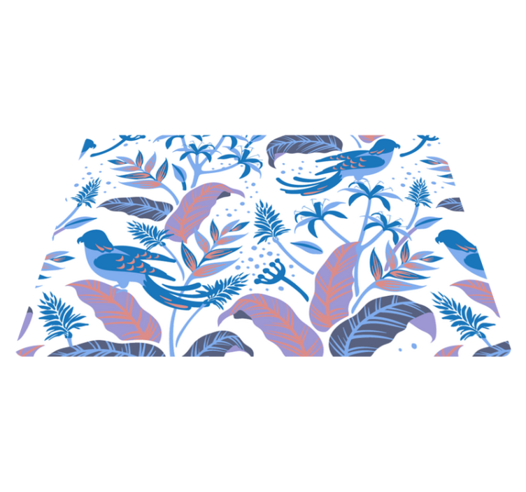 Alfombra vinílica naturaleza aves azules y rosas sobre hojas - TenVinilo