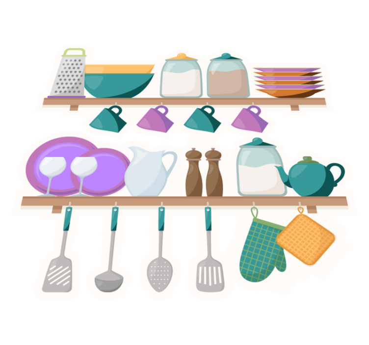 Alfombra vinílica cocina estantes con utensilios de cocina - TenVinilo
