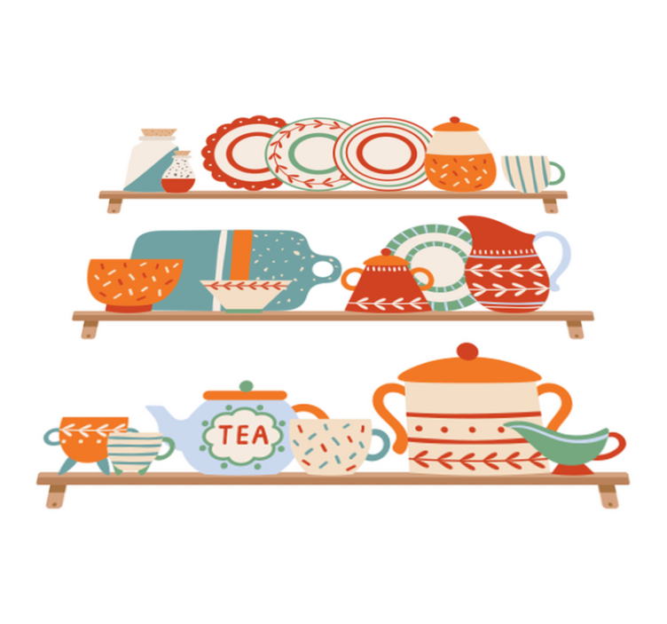 Alfombra vinílica cocina utensilios de mesa en estante - TenVinilo