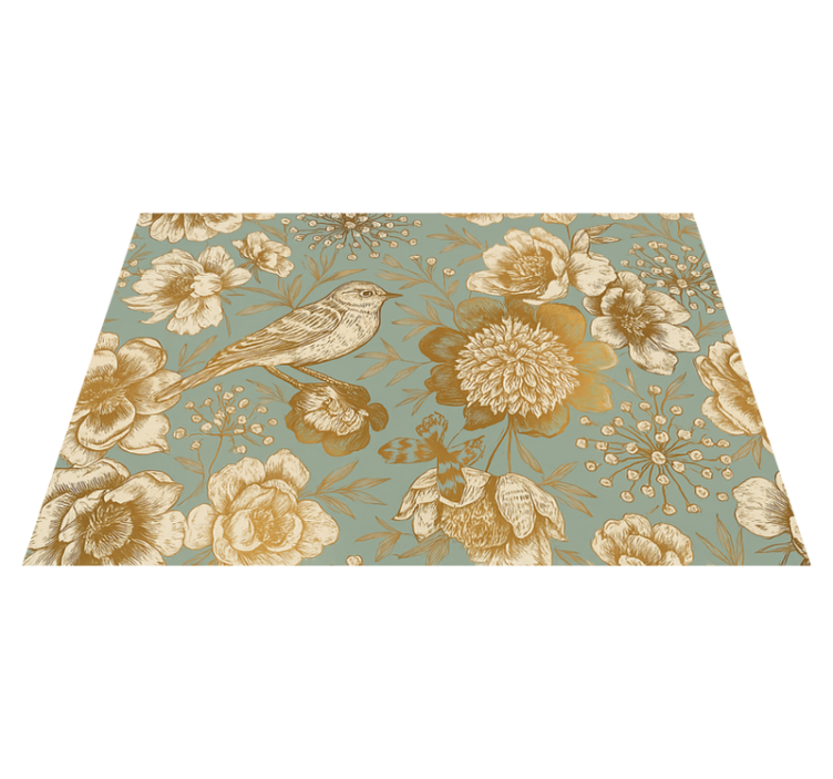 Alfombra vinílica dormitorio fondo gris con flores doradas - TenVinilo
