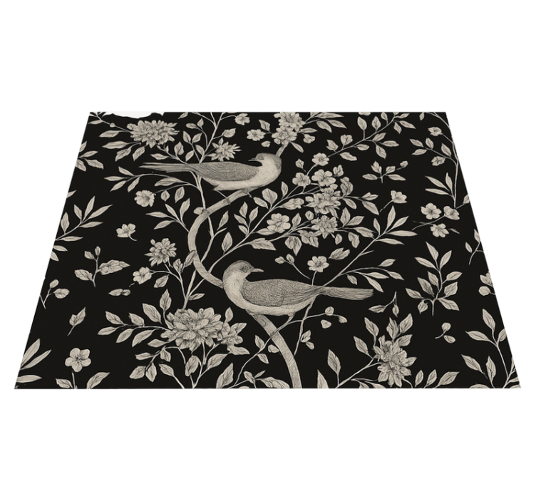 Alfombra vinílica dormitorio Árbol gris con flores y aves - TenVinilo