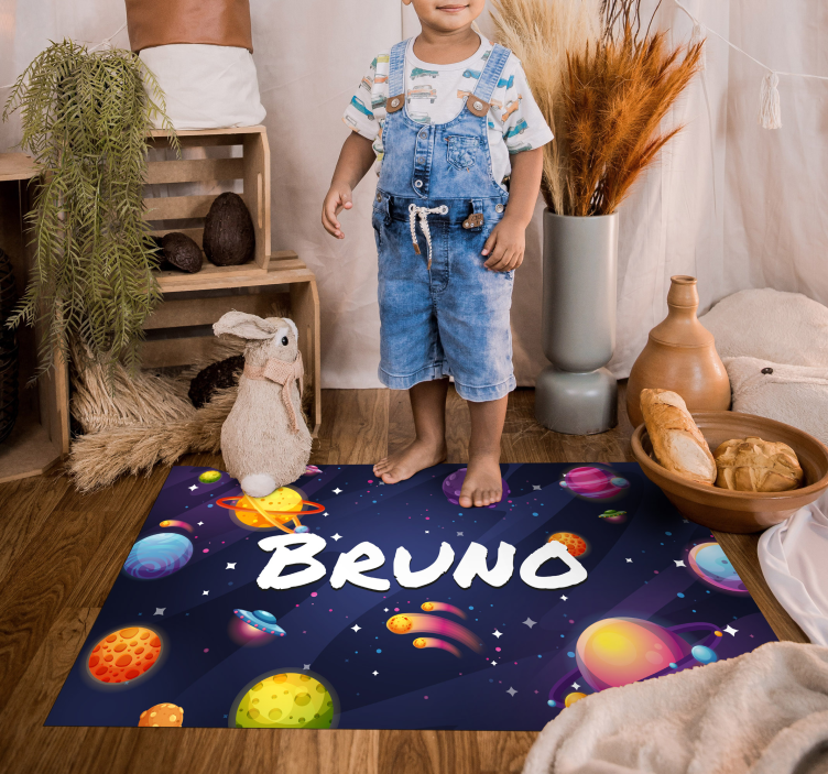 Alfombra vinílica infantil espacio con nombre - TenVinilo