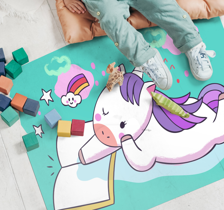 Alfombra vinílica infantil unicornio leyendo - TenVinilo