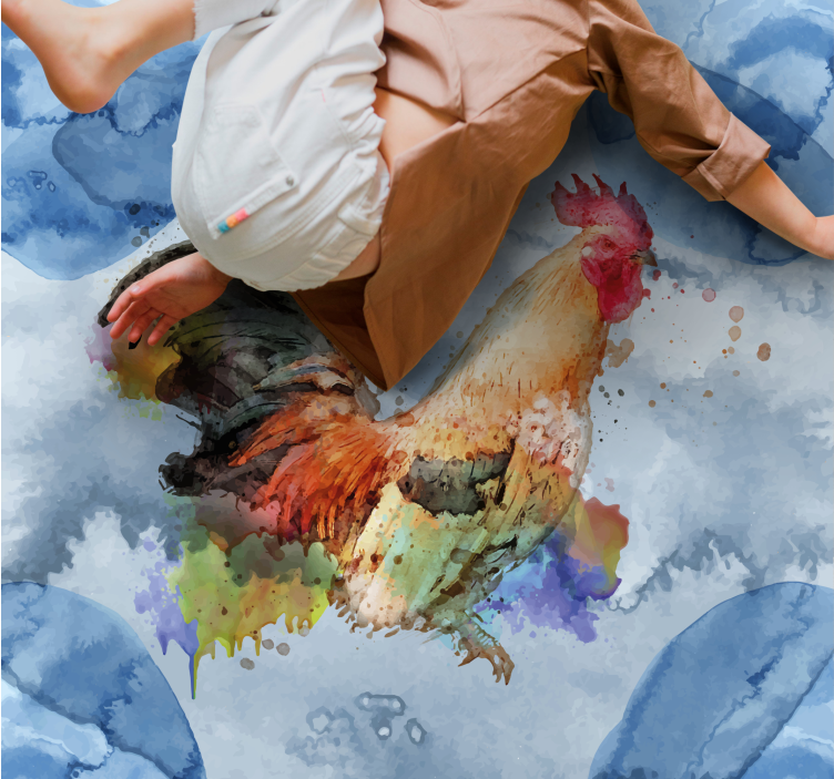 Alfombra vinilo cuadrada Gallo acuarela sobre fondo azul - TenVinilo