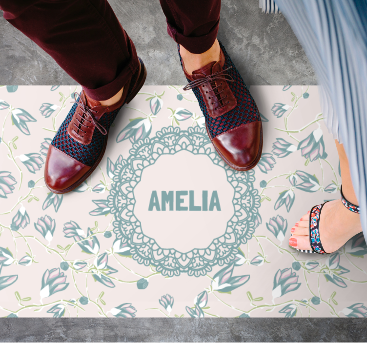 Alfombra vinílica dormitorio diseño floral con nombre - TenVinilo