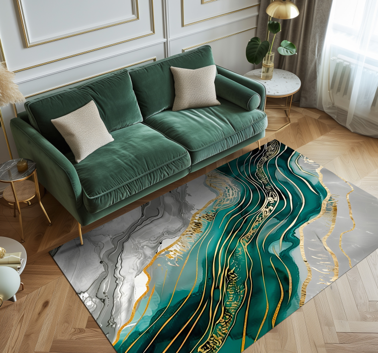 Alfombra vinílica imitación mármol gris y verde con efecto dorado - TenVinilo