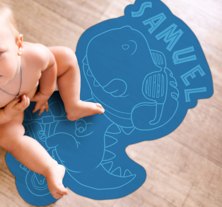 Alfombra vinilo infantil T-Rex azul con nombre - TenVinilo