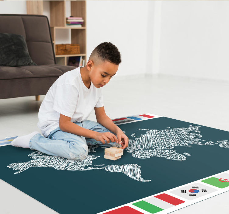 Alfombra de vinilo mapamundi Fondo azul con banderas de países - TenVinilo