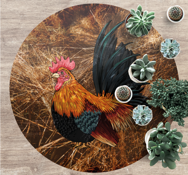 Alfombra vinilo redonda Gallo dibujado en paja - TenVinilo
