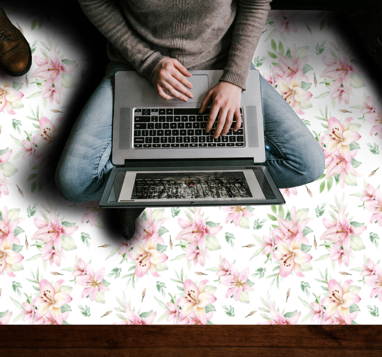 Alfombra vinílica flores Lirios de acuarela rosa - TenVinilo