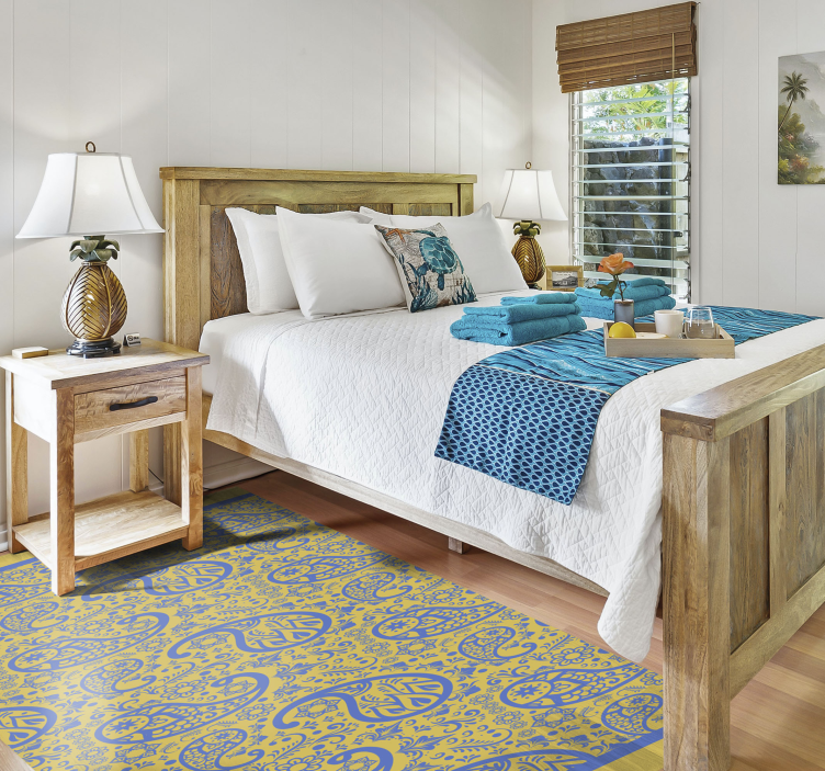 Alfombra vinílica moderna paisley amarillo y azul - TenVinilo