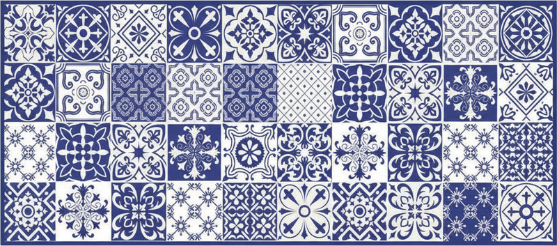 Alfombra vinílica cocina collage de porcelana cobalto - TenVinilo