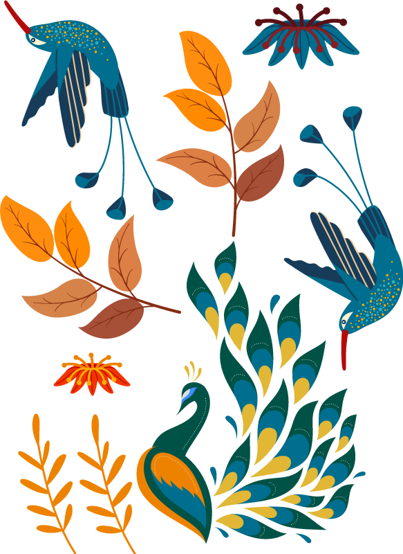 Alfombra vinílica animales estilo tengango aves y plantas - TenVinilo