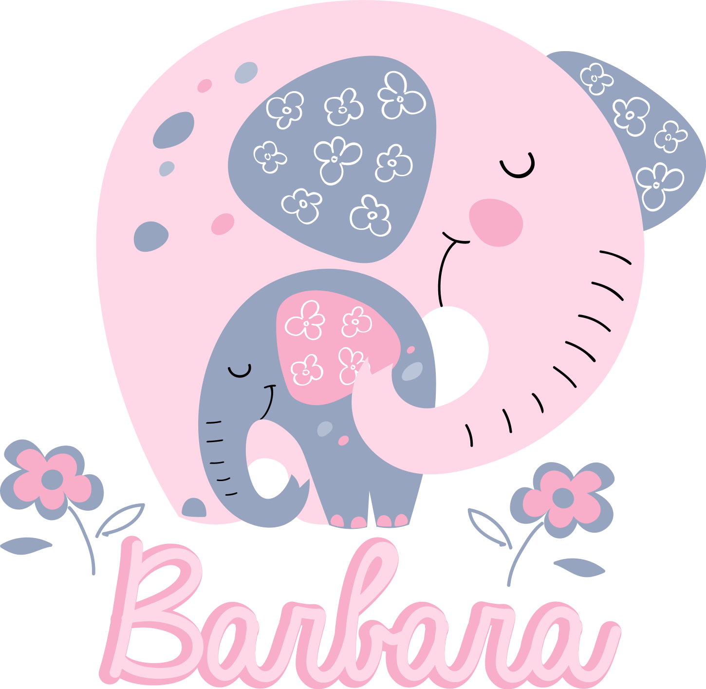 Alfombra vinílica animales elefantes con corazones y nombre - TenVinilo