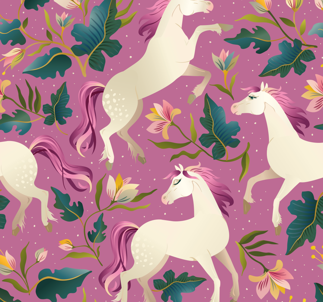 Alfombra vinílica dormitorio diseño floral y rosa de caballo - TenVinilo