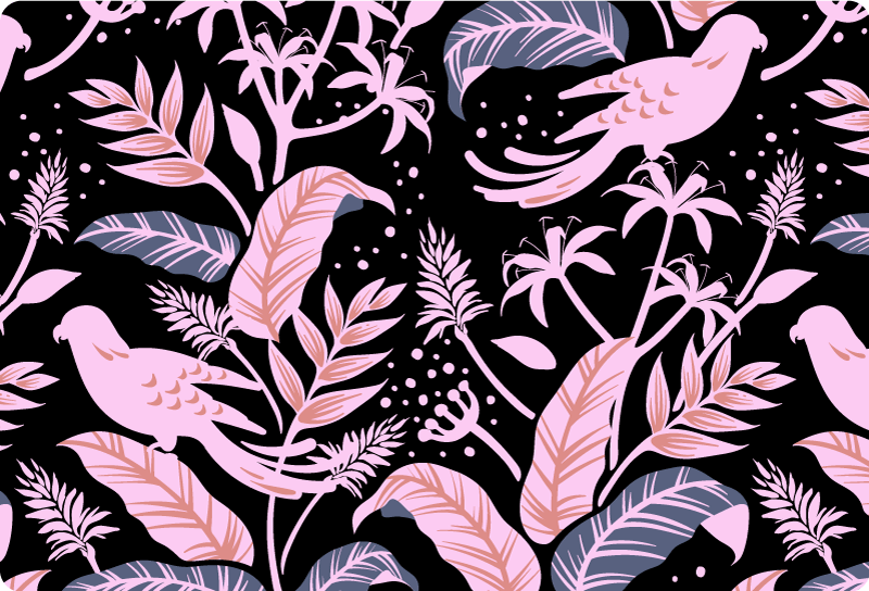 Alfombra vinílica flores aves negras y rosas sobre hojas - TenVinilo