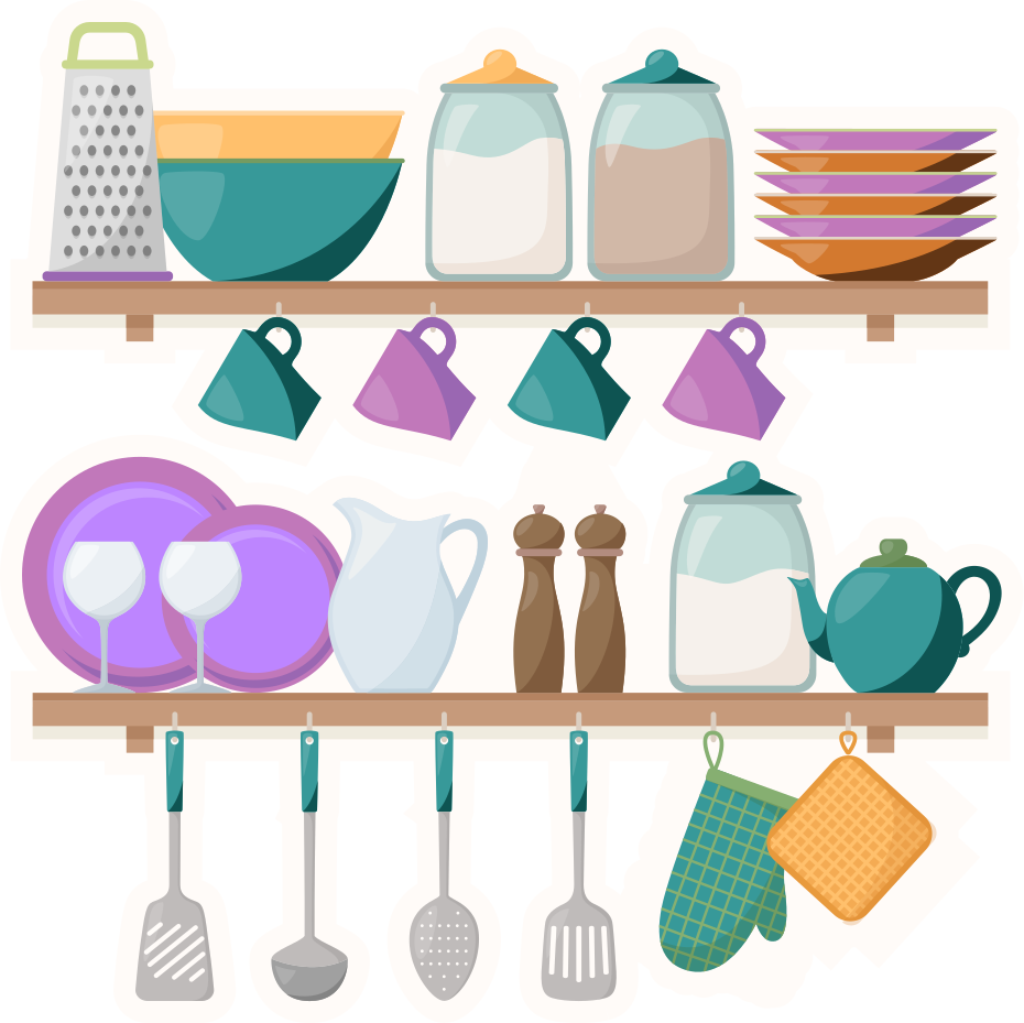 Alfombra vinílica cocina estantes con utensilios de cocina - TenVinilo