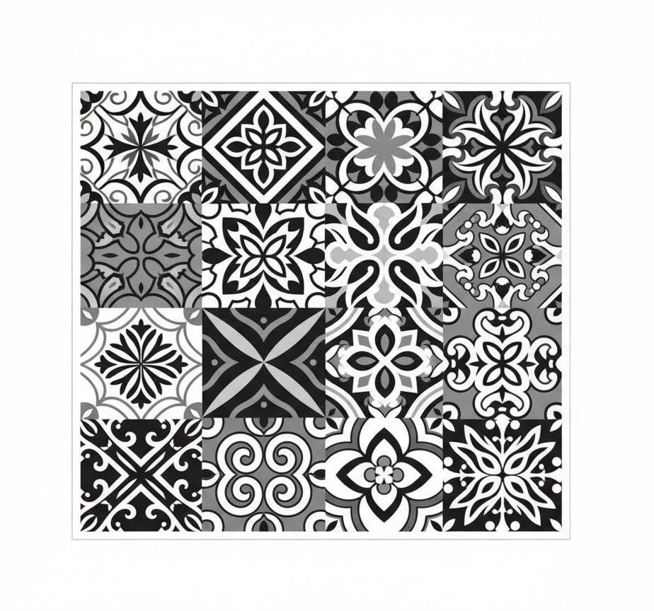 Alfombra vinílica cocina geométricos negros contrastantes - TenVinilo
