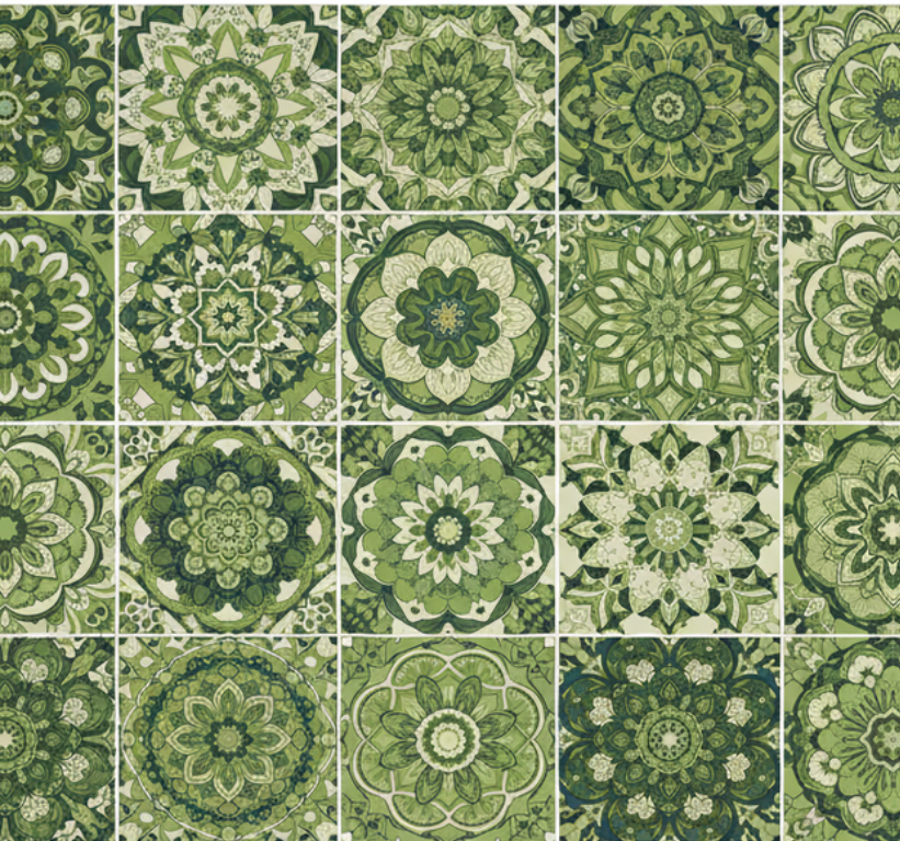 Alfombra vinílica cocina efecto caleidoscópico verde musgo - TenVinilo