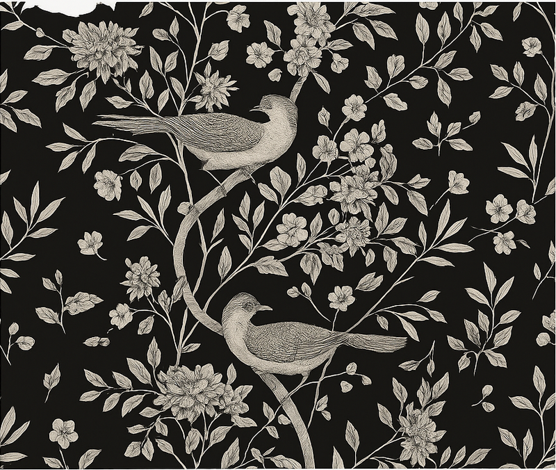 Alfombra vinílica dormitorio Árbol gris con flores y aves - TenVinilo