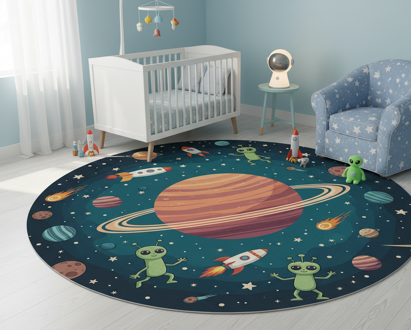 Alfombra vinílica dormitorio planeta nuevo con aliens - TenVinilo