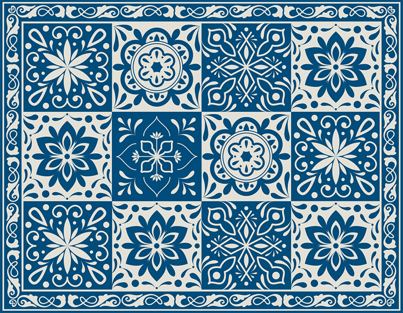 Alfombra vinílica de azulejos azules florales - TenVinilo