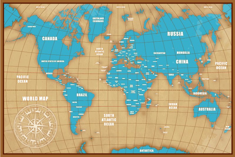 Alfombra de vinilo mapamundi Tierra azul en un marco marrón - TenVinilo